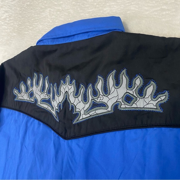 Vintage MWG Johnny West Western Men Shirts Blue Black Size Large LS Pearl Snap - Picture 8 of 11